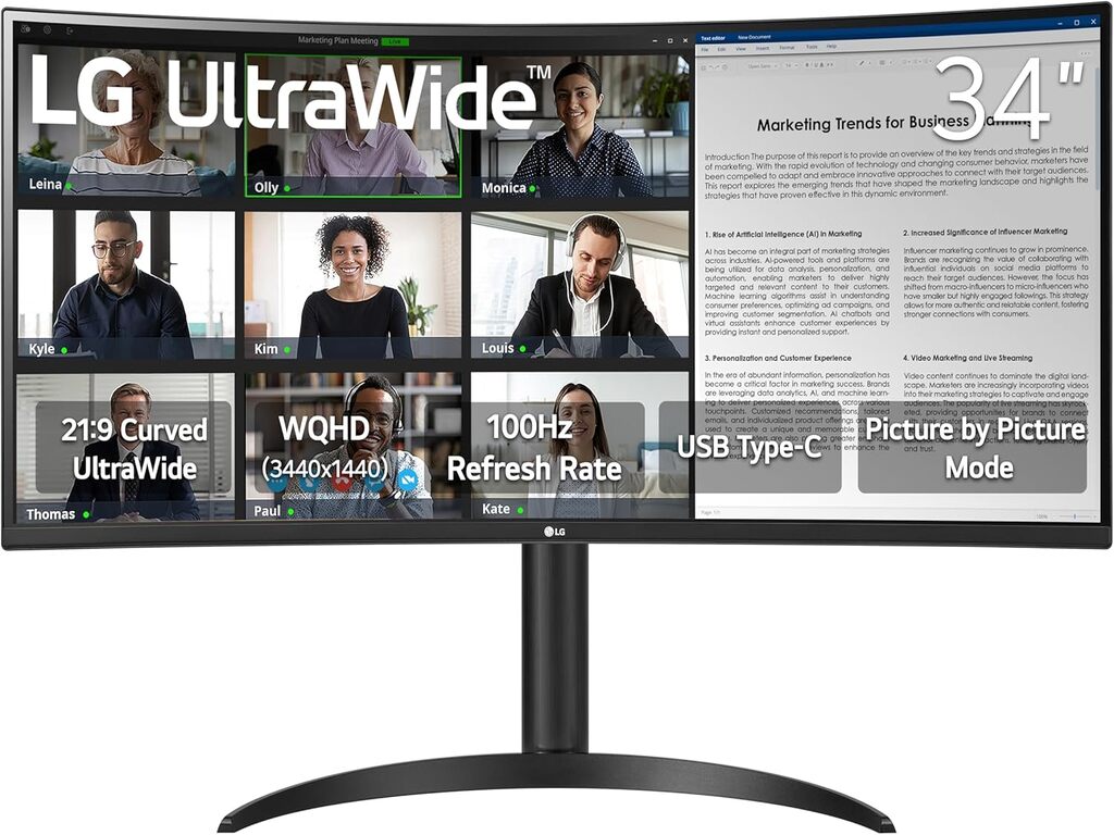 LG 34" UltraWide curved monitoVA, WQHD 3440x1440, 300cd100Hz, 5ms, HDMI, DP, Type-C, HAS, Tilt