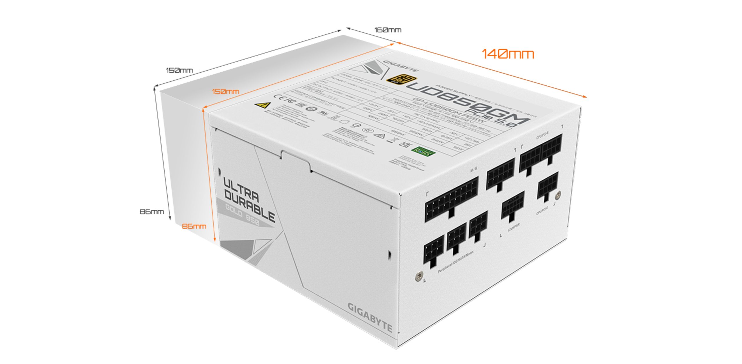 Gigabyte PSU 850W Gold PG5 ICE ATX 3.1, PCIe 5.1, 80 PLUS go Fully modular, 90%, White (bijela) PSU