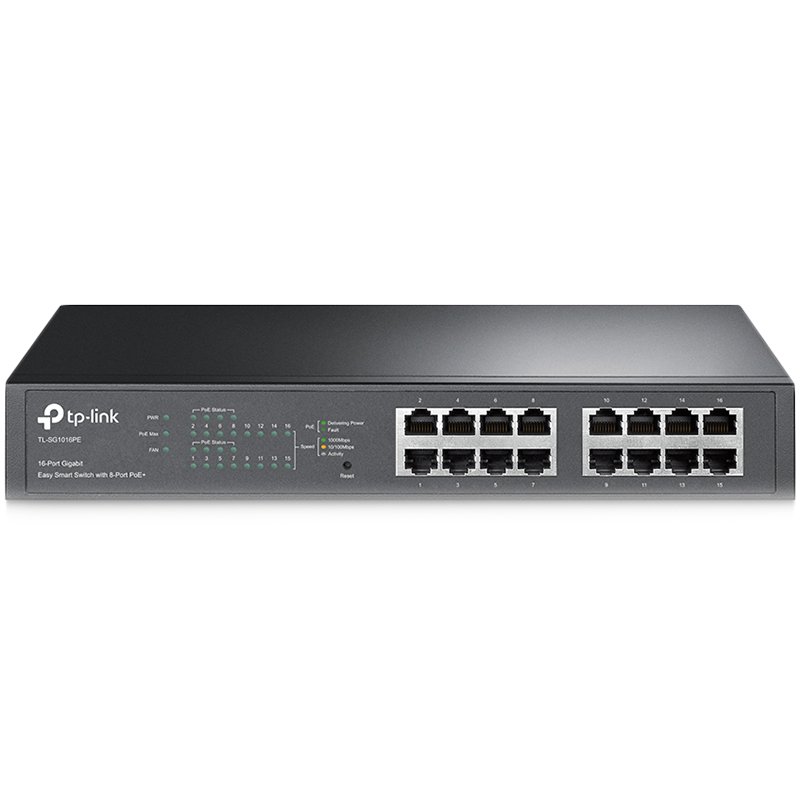 TP-Link TL-SG1016PE 16-Port Gigabit Desktop/Rackmount PoE+ Easy Smart Switch, 16 Gigabit RJ45 ports including 8 PoE+ ports, 110W PoE Power supply, PoE Management, MTU/Port/Tag-based VLAN, QoS, IGMP Snooping, Steel case, Green Ethernet