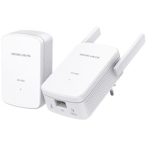 Mercusys MP510 KIT AV1000 Gigabit Powerline N300 Wi-Fi KIT (1× MP510 + 1× MP500) 300 Mbps at 2.4 GHz, 1000 Mbps Powerline,Broadcom CPU, 1× Gigabit Port, 2× Fixed External Antennas, Wall Plugged, HomePlug AV2,Plug and Play, One-Touch Wi-Fi Config.