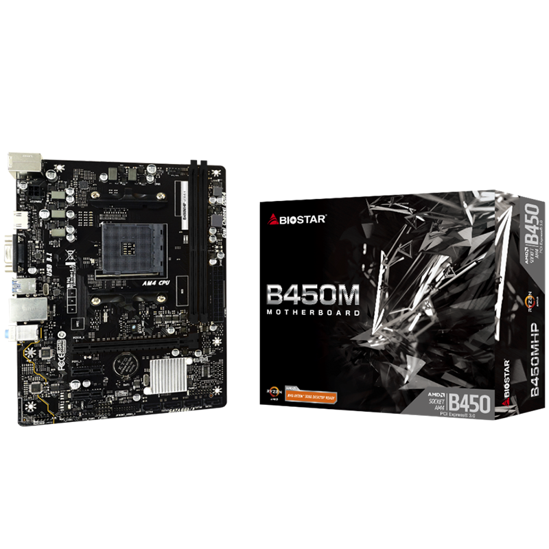 BIOSTAR MB B450 AM4 2 x DDR4 4 x SATA II 1 x VGA Port 1 x HDMI Port 1 x LAN port Micro ATX