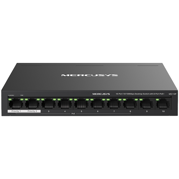 10-Port 10/100Mbps Desktop Switch with 8-Port PoE+PORT: 8× 10/100 Mbps PoE+ Ports, 2× 10/100 Mbps Non-PoE PortsSPEC: Compatible with 802.3af/at PDs, 65 W PoE Power, Desktop Steel Case, Wall MountingFEATURE: Extend Mode for 250m PoE Transmitting,