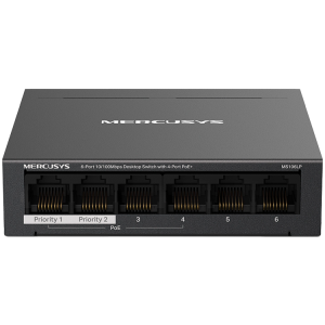 Mercusys MS106LP 6-Port 10/100 Mbps Desktop Switch with 4-Port PoE+, Compatible with 802.3af/at PDs, 40 W PoE Power, Desktop Steel Case, Wall Mounting, Extend Mode for 250m PoE Transmitting, Priority Port1-2, Isolation Mode, PoE Auto Recovery