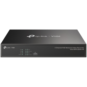 TP-Link VIGI NVR1004H-4P 4 Channel PoE Network Video Recorder, H.265+/H.265/H.264+/H.264, Up to 8MP resolution, 4× 10/100 Mbps PoE+ Ports, PoE budget 53W, 1× SATA Interface(up to 10 TB), 2× USB 2.0, 1× HDMI, 1× VGA, 80 Mbps Incoming Bandwidth