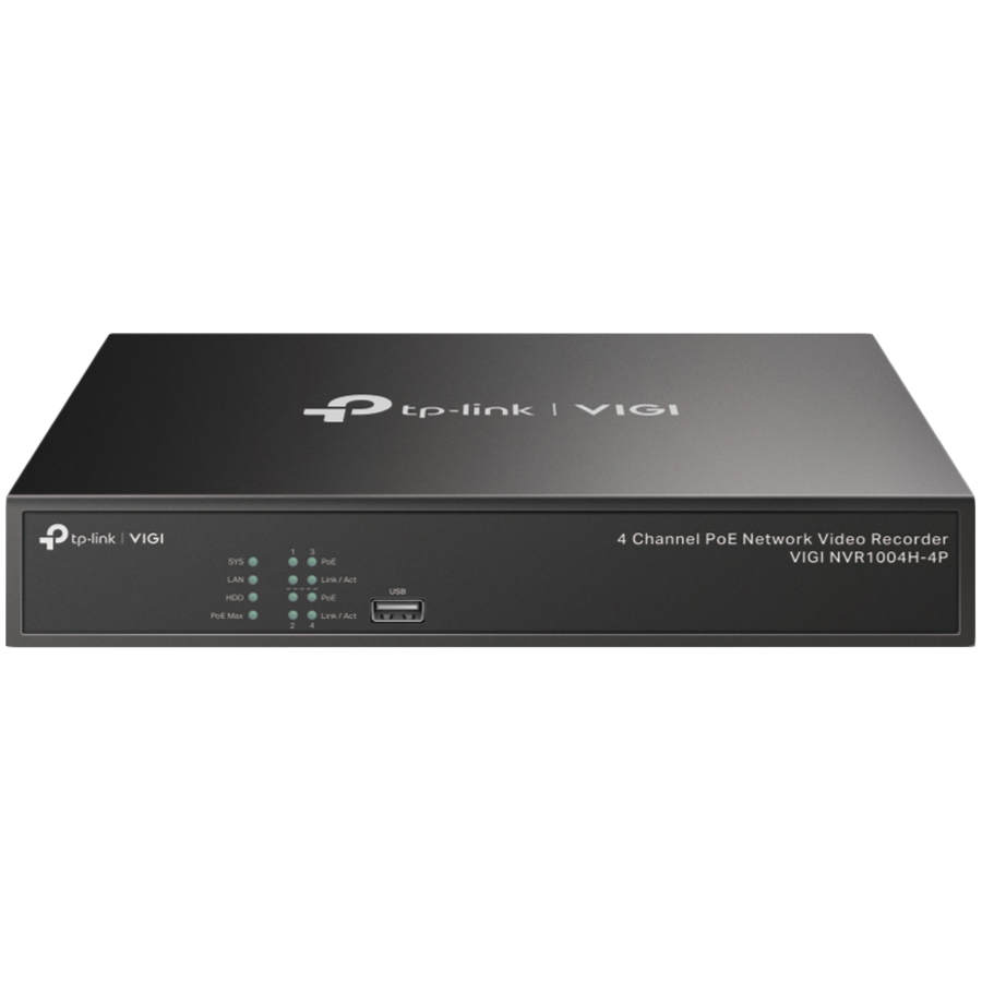 TP-Link VIGI NVR1004H-4P 4 Channel PoE Network Video Recorder, H.265+/H.265/H.264+/H.264, Up to 8MP resolution, 4× 10/100 Mbps PoE+ Ports, PoE budget 53W, 1× SATA Interface(up to 10 TB), 2× USB 2.0, 1× HDMI, 1× VGA, 80 Mbps Incoming Bandwidth