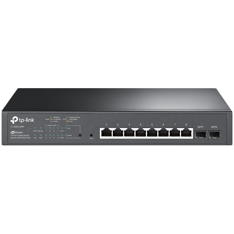 TP-Link SG2210MP Omada 10-Port Gigabit Smart Switch with 8-Port PoE+, 8× G PoE+ ports and 2× G SFP slots, 150 W total PoE budget, Omada app, Static Routing, VLAN, ACL, QoS, IGMP Snooping, Zero-Touch Provisioning, QoS Traffic Prioritization