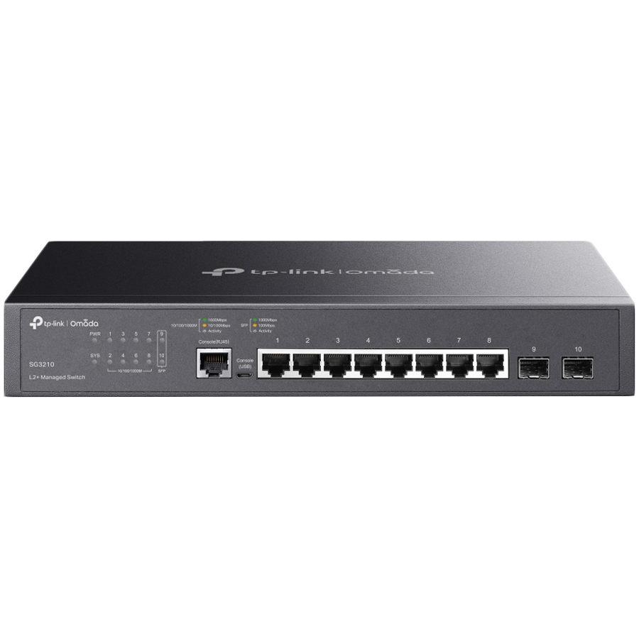 TP-Link SG3210 Omada 8-Port Gigabit L2+ Managed Switch with 2 SFP Slots, 8xGigabit RJ45 ports and 2xGigabit SFP slots, Omada app, Static Routing, VLAN, ACL, QoS, IGMP Snooping, OAM, DDM, ERPS, Zero-Touch Provisioning, Fanless, desktop/rack mounting