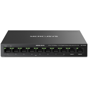 Mercusys MS110CMP 10-Port 10/100Mbps Desktop Switch with 8-Port PoE+, 8 x 10/100 Mbps PoE+ Ports, 2 x Gigabit non-PoE Ports, 115 W PoE Power, Increases PoE transmission distance to 250m by Extend Mode, PoE Auto Recovery, Isolation mode, Metal casing