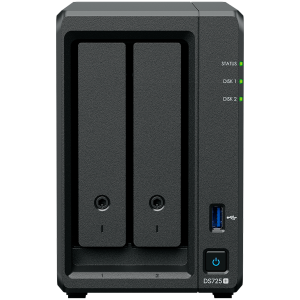 Synology DS725+, Tower, 2-Bays 3.5'' SATA HDD/SSD, 2 x M.2 2280 NVMe SSD, CPU AMD Ryzen R1600 dual-core (4-thread), max. boost up to 3.1 GHz, 4 GB DDR4 ECC SODIMM, 1 x 2.5 GbE, 1 x 1GbE, 1 x USB 3.2, 1 x eSATA USB-C, 1.51 kg, 3y