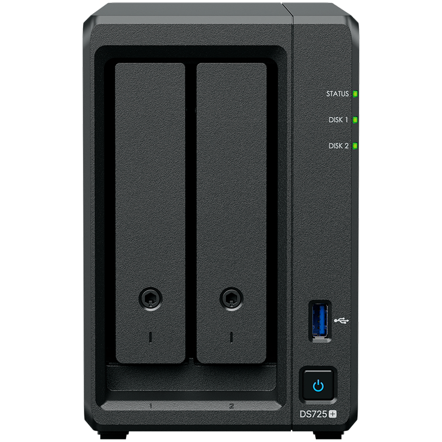 Synology DS725+, Tower, 2-Bays 3.5'' SATA HDD/SSD, 2 x M.2 2280 NVMe SSD, CPU AMD Ryzen R1600 dual-core (4-thread), max. boost up to 3.1 GHz, 4 GB DDR4 ECC SODIMM, 1 x 2.5 GbE, 1 x 1GbE, 1 x USB 3.2, 1 x eSATA USB-C, 1.51 kg, 3y
