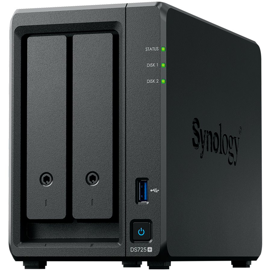 Synology DS725+, Tower, 2-Bays 3.5'' SATA HDD/SSD, 2 x M.2 2280 NVMe SSD, CPU AMD Ryzen R1600 dual-core (4-thread), max. boost up to 3.1 GHz, 4 GB DDR4 ECC SODIMM, 1 x 2.5 GbE, 1 x 1GbE, 1 x USB 3.2, 1 x eSATA USB-C, 1.51 kg, 3y - Image 2