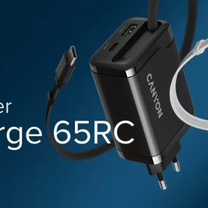 CANYON charger OnCharge 65RC Build-In Cable USB-C 65W 1xPD 1xQC EU Black