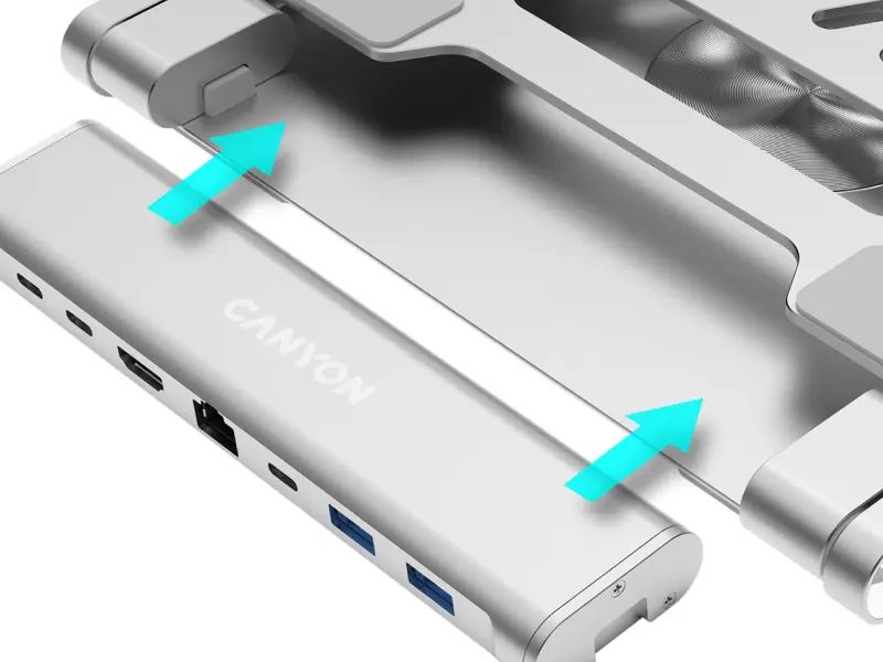 Canyon Laptop stands with hub, TYPE C F to HDMI2.0+2USB3.0+USBC3.0+RJ45+PD, TYEP C TO C cable 1m white with Emarker: HUSB332A, Material: Aluminum case+ABS+PS, Size: 245x240x27.2+/-0.3mm, Weight:1304g - Image 3