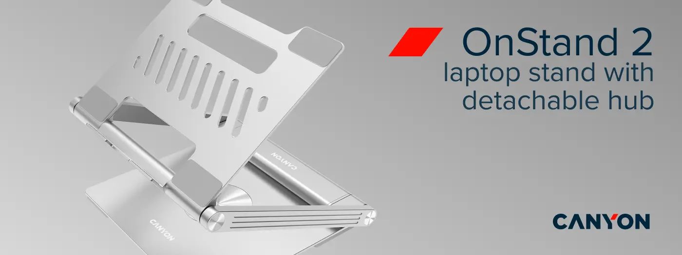 Canyon Laptop stands with hub, TYPE C F to HDMI2.0+2USB3.0+USBC3.0+RJ45+PD, TYEP C TO C cable 1m white with Emarker: HUSB332A, Material: Aluminum case+ABS+PS, Size: 245x240x27.2+/-0.3mm, Weight:1304g