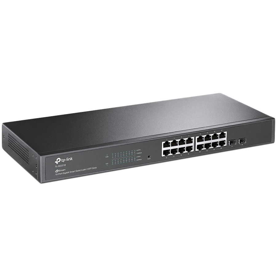 TP-Link SG2218 Omada 16-Port Gigabit Smart Switch with 2 SFP Slots, 16×G RJ45 ports and 2×G SFP slots, Fanless, Zero-Touch Provisioning, 802.1Q VLAN, STP/RSTP/MSTP, Omada App, Static Routing, Rack Mountable, 802.1p/DSCP QoS, ACL, 802.1x, CLI, SNMP - Image 2
