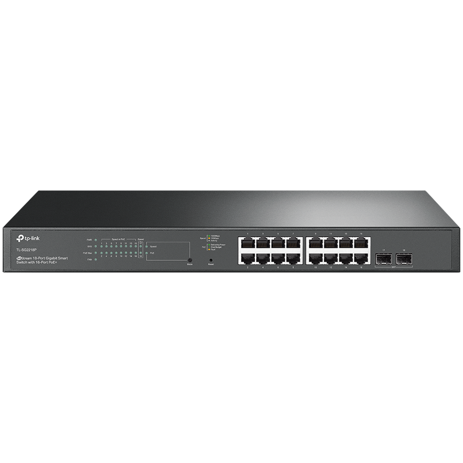 TP-Link SG2218P Omada 18-Port Gigabit Smart Switch with 16-Port PoE+, 16× Gigabit 802.3af/at PoE+ ports and 2× Gigabit SFP Slots, 150 W total PoE budget, Centralized cloud management via the web or the Omada app, Static Routing, VLAN, ACL, QoS, IGM