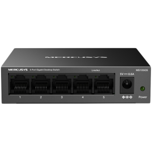 Mercusys MS105GS 5-Port Gigabit Desktop Switch, 5× Gigabit Ports, Desktop Steel Case, Wall Mounting, Plug and Play, Power Saving, Compact design, Green Ethernet technology, Silent