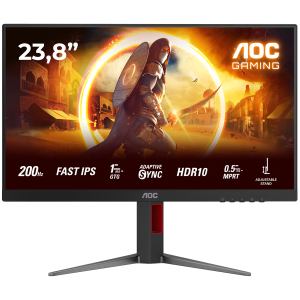 AOC Monitor Gaming 24G4HA, 24" (23.8" viewable), Fast IPS, FHD (1920x1080), 200Hz, 0.5ms MPRT (1ms GtG), 300 cd/m2, 1000:1, Adaptive Sync, G-Sync Compatible, HDR10, 2x HDMI 2.0, 1x DP 1.4, Speakers, Full Ergo