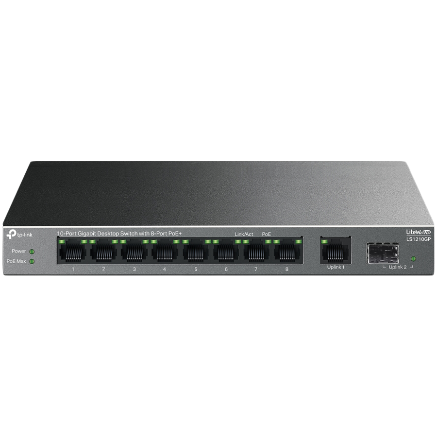 TP-Link LS1210GP 10-Port Gigabit Desktop Switch with 8-Port PoE+, 8× Gigabit PoE+ Ports, 1x Gigabit Non-PoE Port, 1× Gigabit SFP Slot, 61 W PoE Power, Desktop Steel Case, Extend Mode for 250m PoE Transmitting, Isolation Mode, PoE Auto Recovery - Image 2