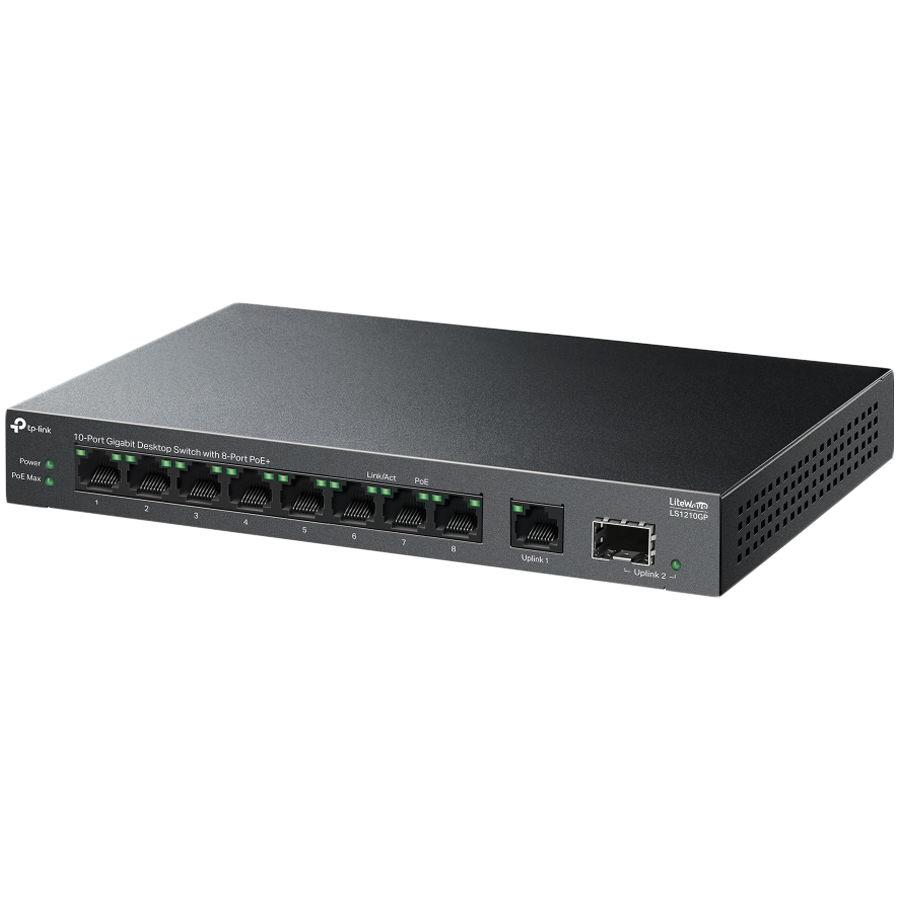 TP-Link LS1210GP 10-Port Gigabit Desktop Switch with 8-Port PoE+, 8× Gigabit PoE+ Ports, 1x Gigabit Non-PoE Port, 1× Gigabit SFP Slot, 61 W PoE Power, Desktop Steel Case, Extend Mode for 250m PoE Transmitting, Isolation Mode, PoE Auto Recovery - Image 4