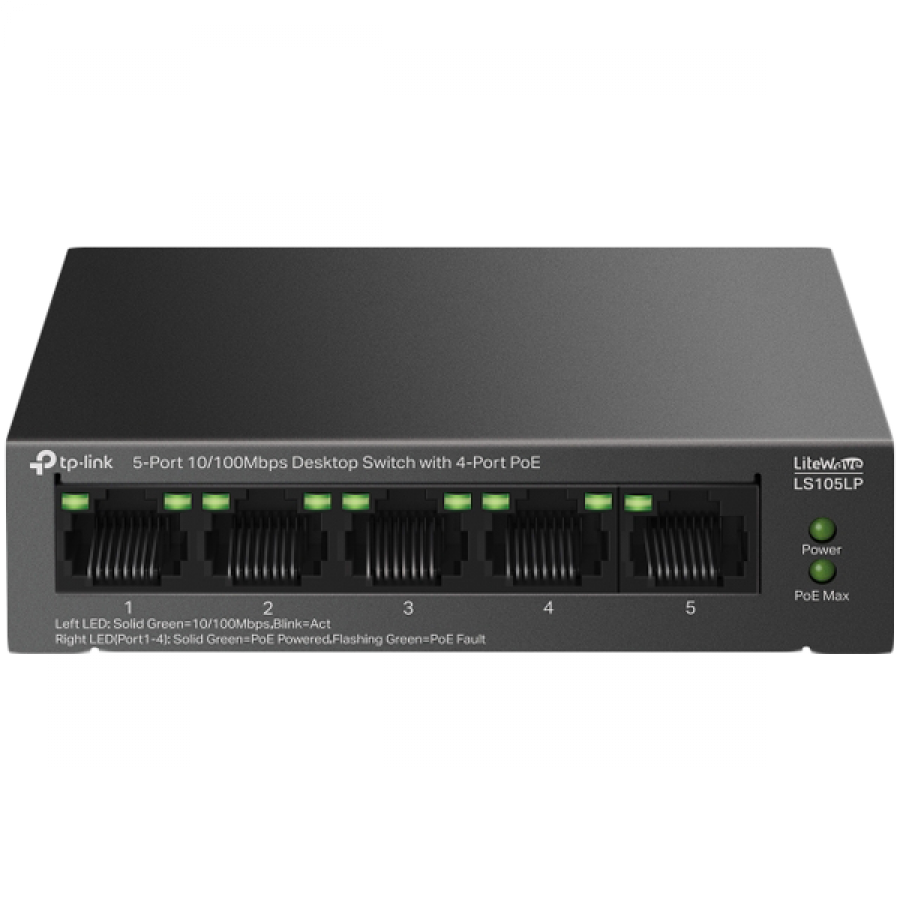 TP-Link LS105LP 5-Port 10/100 Mbps Desktop Switch with 4-Port PoE, 4× 10/100 Mbps PoE Ports, 1× 10/100 Mbps Non-PoE Port, 802.3af, 41 W PoE Power, Desktop Steel Case, Extend Mode for 250m PoE Transmitting, PoE Auto Recovery, Plug and Play