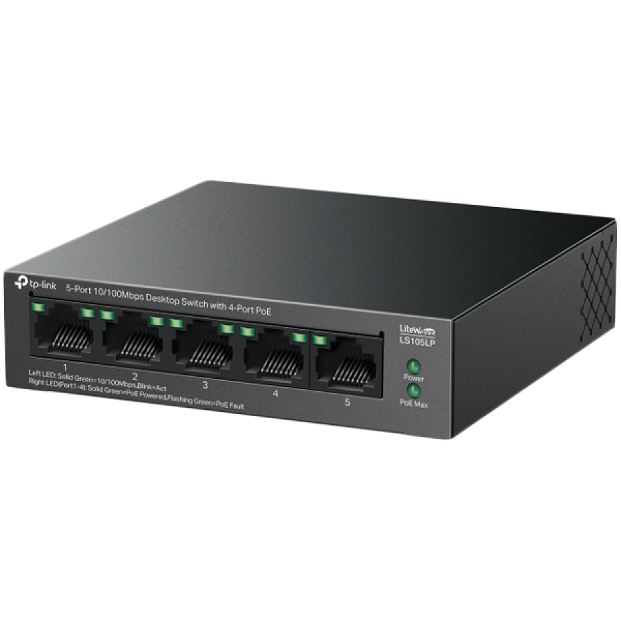 TP-Link LS105LP 5-Port 10/100 Mbps Desktop Switch with 4-Port PoE, 4× 10/100 Mbps PoE Ports, 1× 10/100 Mbps Non-PoE Port, 802.3af, 41 W PoE Power, Desktop Steel Case, Extend Mode for 250m PoE Transmitting, PoE Auto Recovery, Plug and Play - Image 2