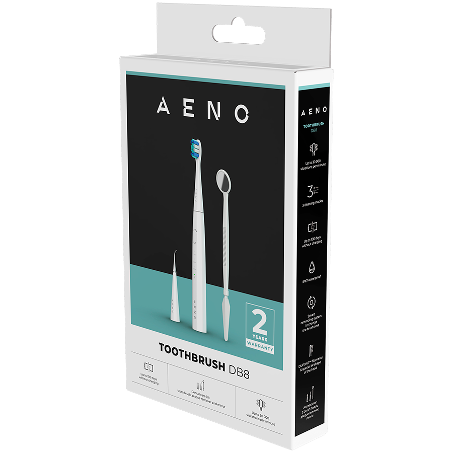 AENO Sonic Electric toothbrush, DB8: White, 3modes, 3 brush heads + 1 cleaning tool, 1 mirror, 30000rpm, 100 days without charging, IPX7 - Image 3