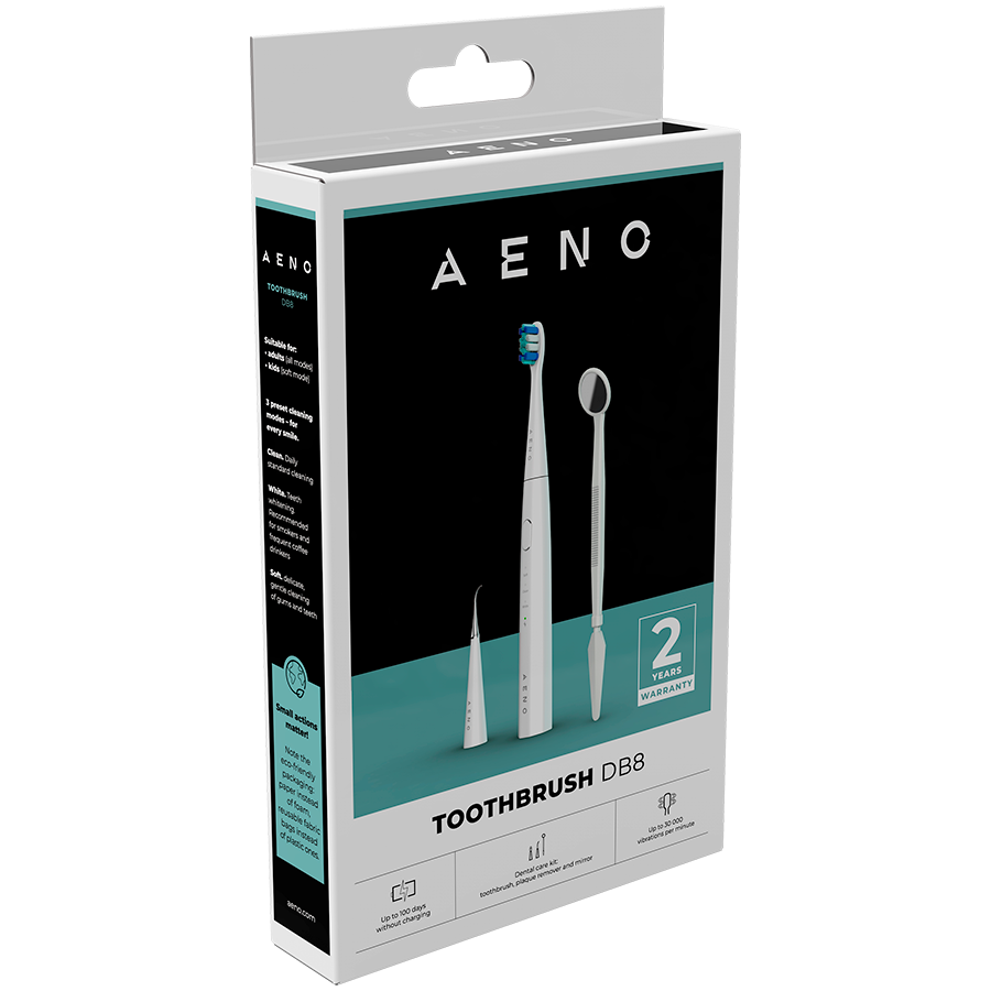 AENO Sonic Electric toothbrush, DB8: White, 3modes, 3 brush heads + 1 cleaning tool, 1 mirror, 30000rpm, 100 days without charging, IPX7 - Image 4