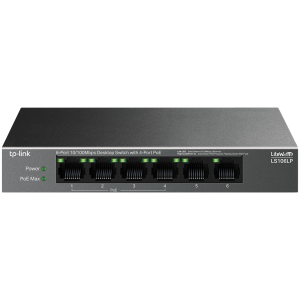 TP-Link LS106LP 6-Port 10/100 Mbps Desktop Switch with 4-Port PoE, 4× 10/100 Mbps PoE Ports, 2× 10/100 Mbps Non-PoE Ports, 802.3af, 41 W PoE Power, Desktop Steel Case, Extend Mode for 250m PoE Transmitting, PoE Auto Recovery, Plug and Play