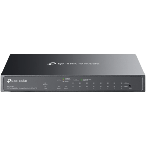 Omada 10-Port Gigabit Easy Managed Switch with 8-Port PoE+ 8× Gigabit PoE+ Ports, 1x Gigabit Non-PoE Ports, 1× Combo Gigabit RJ45/SFP Port 802.3at/af, 123 W PoE Power, Desktop Steel Case and Fanless Integration with Omada SDN Controller