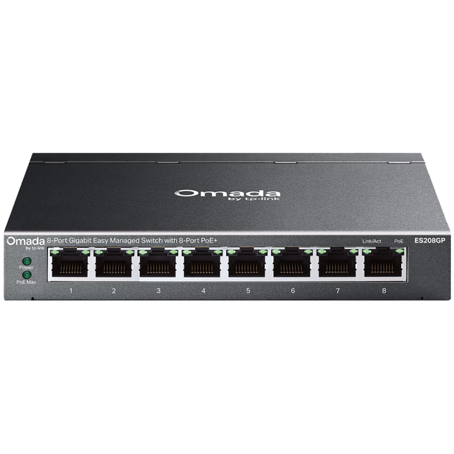 TP-Link ES208GP Omada 8-Port Gigabit Easy Managed Switch with 8-Port PoE+, 8x G PoE+ Ports, 802.3at/af, 64 W PoE Power, Desktop Steel Case and Fanless,Omada App, Flow Control, Loopback Detection, Port Isolation, Port Mirroring, LAG, VLAN, IGMP Snoop