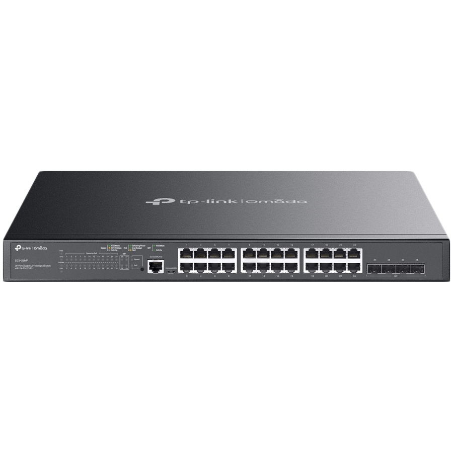 TP-Link SG3428MP Omada 28-Port Gigabit L2+ Managed Switch with 24× Gigabit 802.3af/at PoE+ ports and 4× Gigabit SFP slots, 384 W total PoE budget, Omada app, Static Routing, VLAN, ACL, QoS, IGMP Snooping, OAM, and DDM, ERPS, Zero-Touch Provisioning - Image 2
