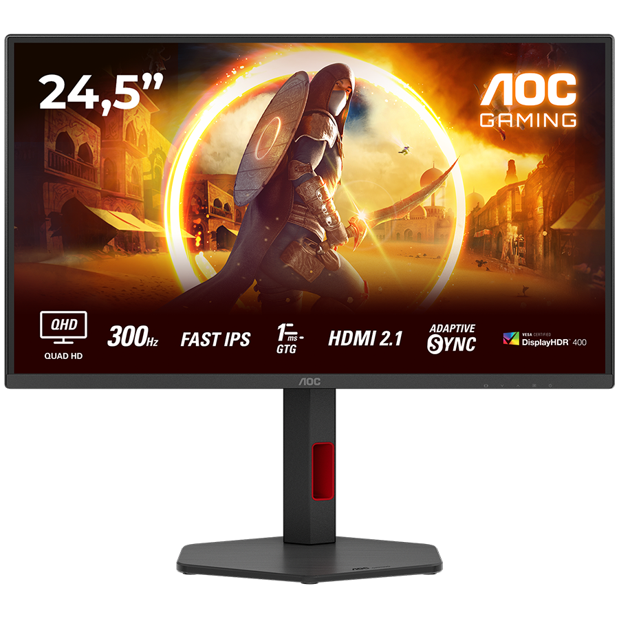 AOC MONITOR Q25G4SR, GAMING 25'', G, 300HZ, FAST IPS, 2560x1440, 0.3 MS, 80M:1, 300 CD/M, TILT, HEIGHT ADJUSTABLE, SWIVEL, PIVOT, 2X HDMI, DISPLAY PORT, 3YW, BLACK-RED - Image 2