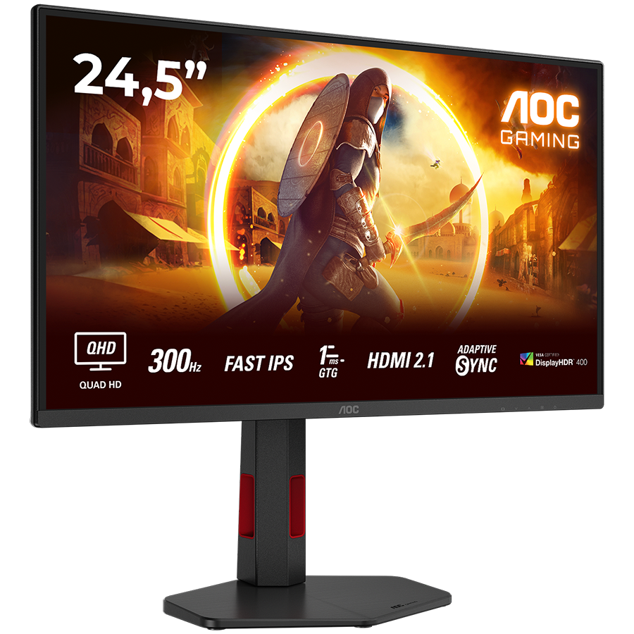 AOC MONITOR Q25G4SR, GAMING 25'', G, 300HZ, FAST IPS, 2560x1440, 0.3 MS, 80M:1, 300 CD/M, TILT, HEIGHT ADJUSTABLE, SWIVEL, PIVOT, 2X HDMI, DISPLAY PORT, 3YW, BLACK-RED - Image 3