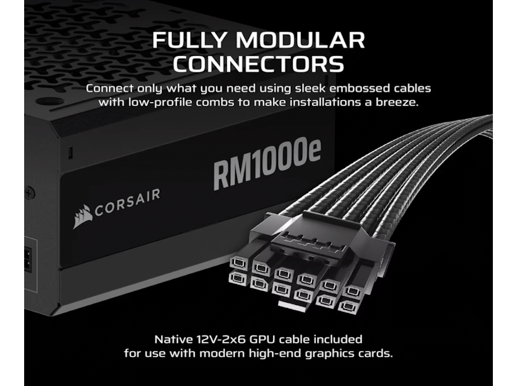 Corsair PSU 1000W RM1000eGold, Fully Modular, 12V-2x66xSATA, 3xPCIe, ATX 3.1, PCIe 5.1 - Image 2