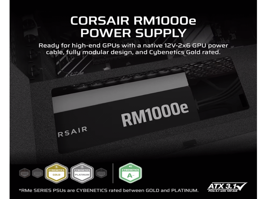 Corsair PSU 1000W RM1000eGold, Fully Modular, 12V-2x66xSATA, 3xPCIe, ATX 3.1, PCIe 5.1 - Image 4
