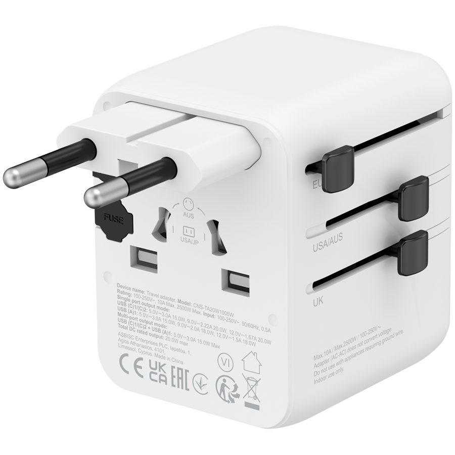 CANYON Travel Adapter OnTour 20 EU/UK/US/AUS 20W White - Image 3