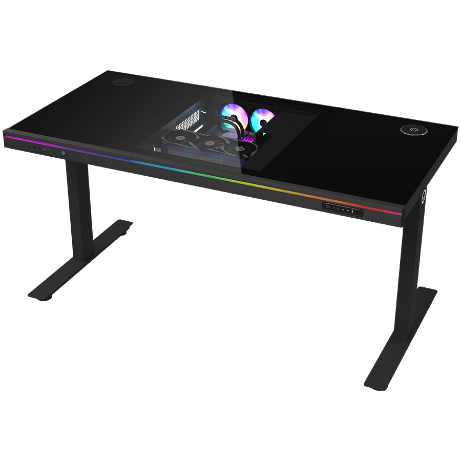 Dual-motor sit/stand adjustable-height gaming desk with built-in PC case, wireless charger, RGB lighting, control panel, and USB ports, tempered glass tabletop, black. - Image 2