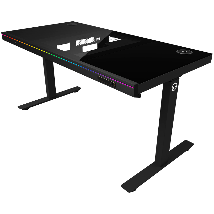 Dual-motor sit/stand adjustable-height gaming desk with built-in PC case, wireless charger, RGB lighting, control panel, and USB ports, tempered glass tabletop, black. - Image 3