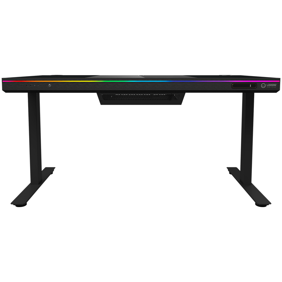 Dual-motor sit/stand adjustable-height gaming desk with built-in PC case, wireless charger, RGB lighting, control panel, and USB ports, tempered glass tabletop, black. - Image 4