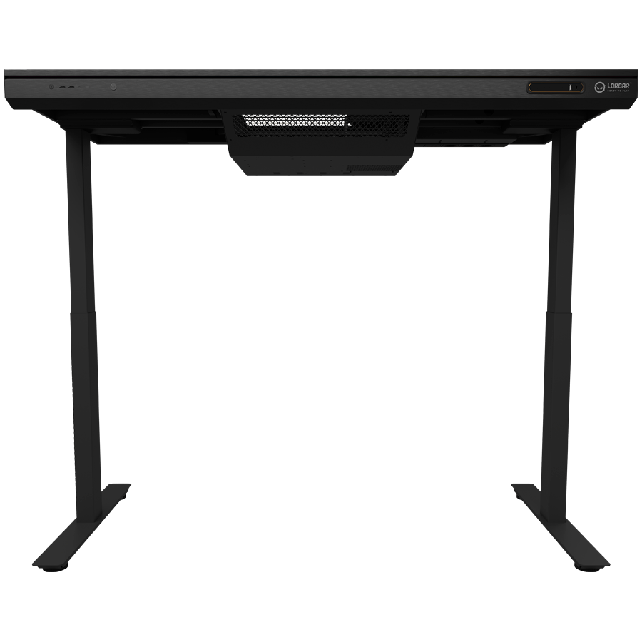 Dual-motor sit/stand adjustable-height gaming desk with built-in PC case, wireless charger, RGB lighting, control panel, and USB ports, tempered glass tabletop, black. - Image 5