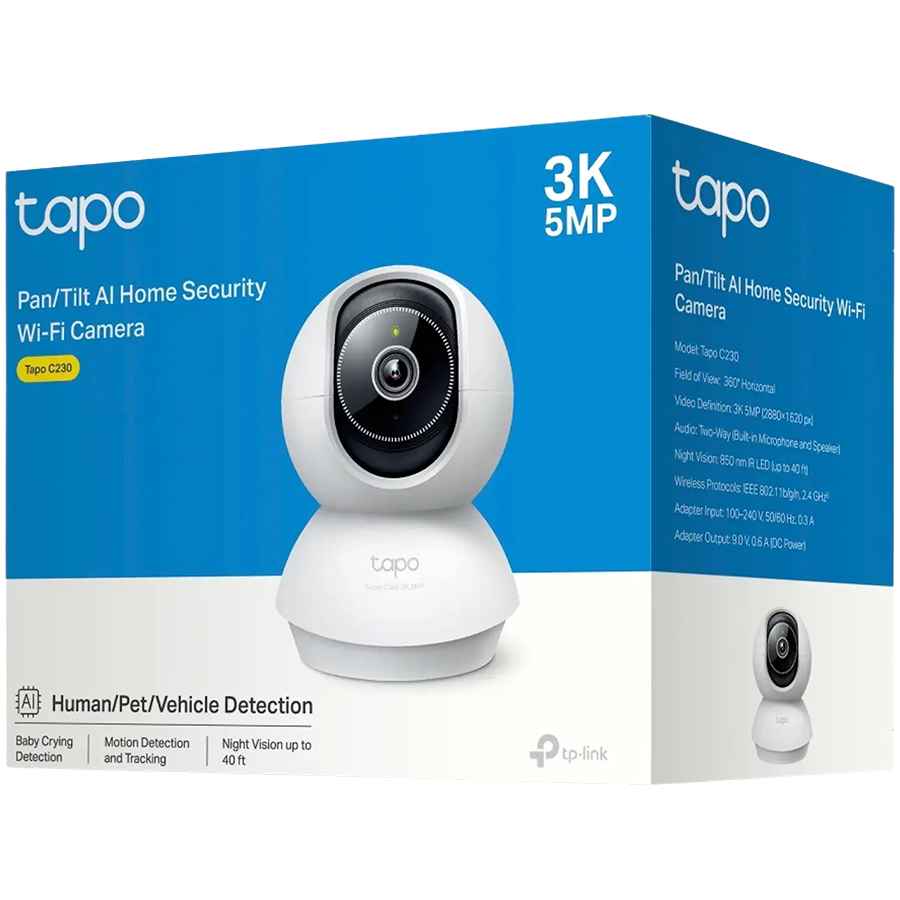 TP-Link Tapo C230 Pan/Tilt AI Home Security Wi-Fi Camera, 3K 5MP (2880x1620), 2.4 GHz, Horizontal 360, Pan/Tilt, Smart AI Detection and Notifications (motion, people, pets, cars, baby crying, abnormal sound), AI Smart Tracking, Sound and Light Alarm - Image 2