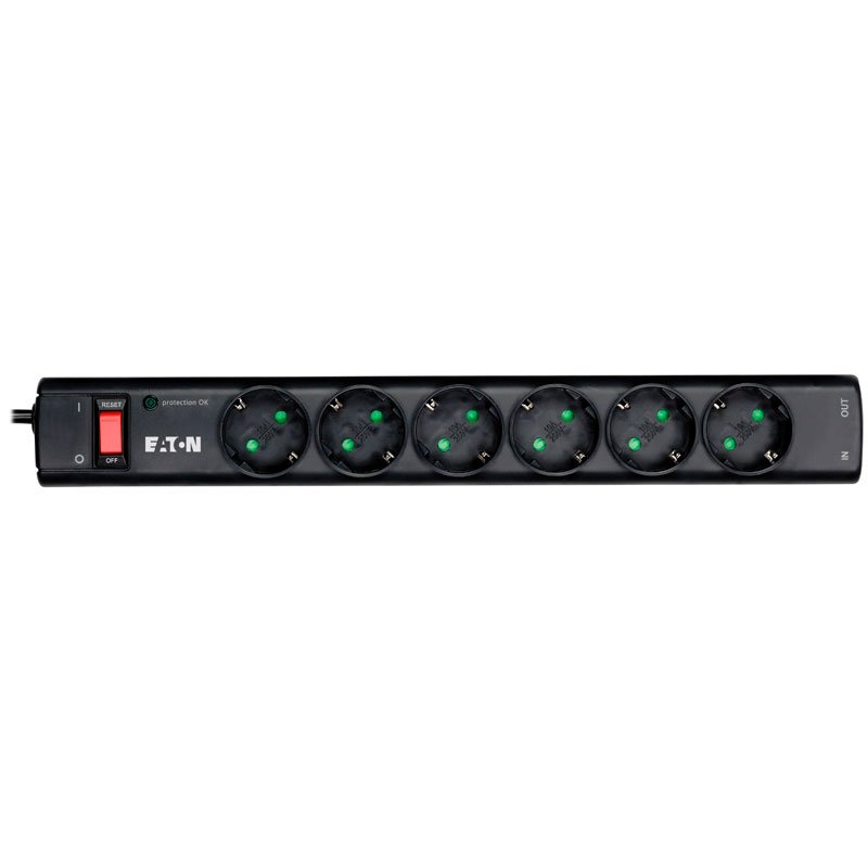 Eaton Protection Strip 6 DIN, 10A, 2500W; Input: Schuko, Outputs: (6) Schuko; Power Cord Lenght 1m; Over voltage protection; On/Off switch; LED indication; 2yr warranty - Image 2