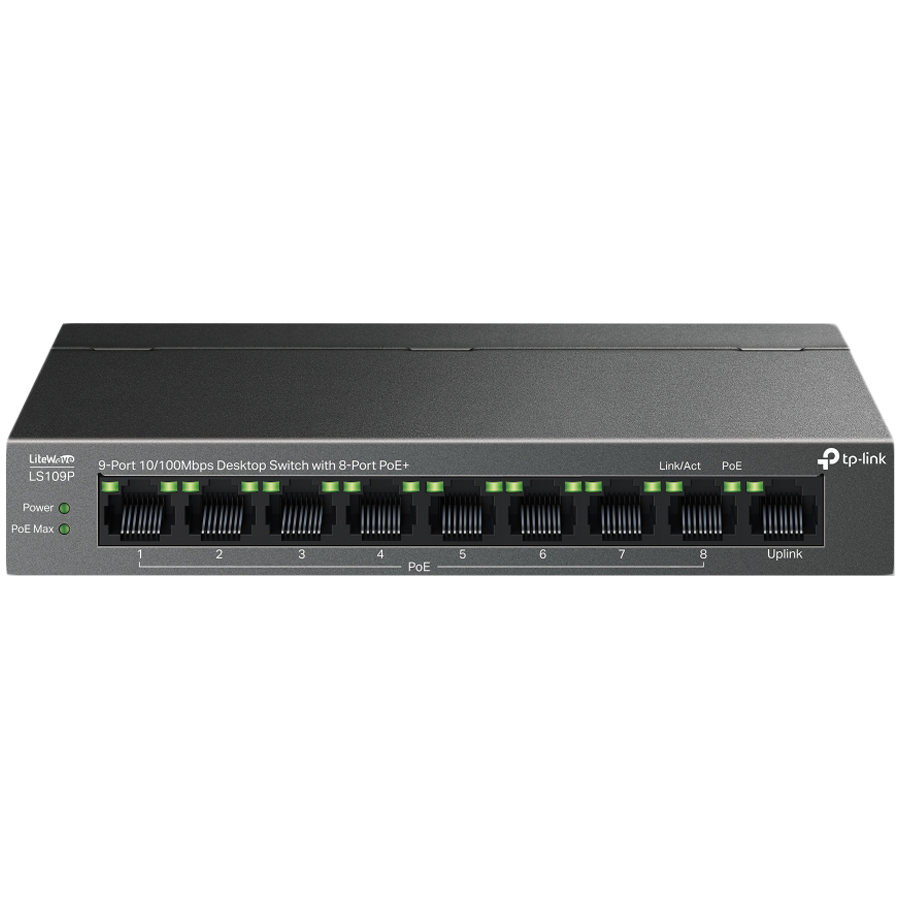 TP-Link LS109P 9-Port 10/100 Mbps Desktop Switch with 8-Port PoE+, 8× 10/100 Mbps PoE+ Ports, 1× 10/100 Mbps Non-PoE Port, 802.3at/af, 63 W PoE Power, Desktop Steel Case, Extend Mode for 250m PoE Transmitting, Isolation Mode, PoE Auto Recovery - Image 2