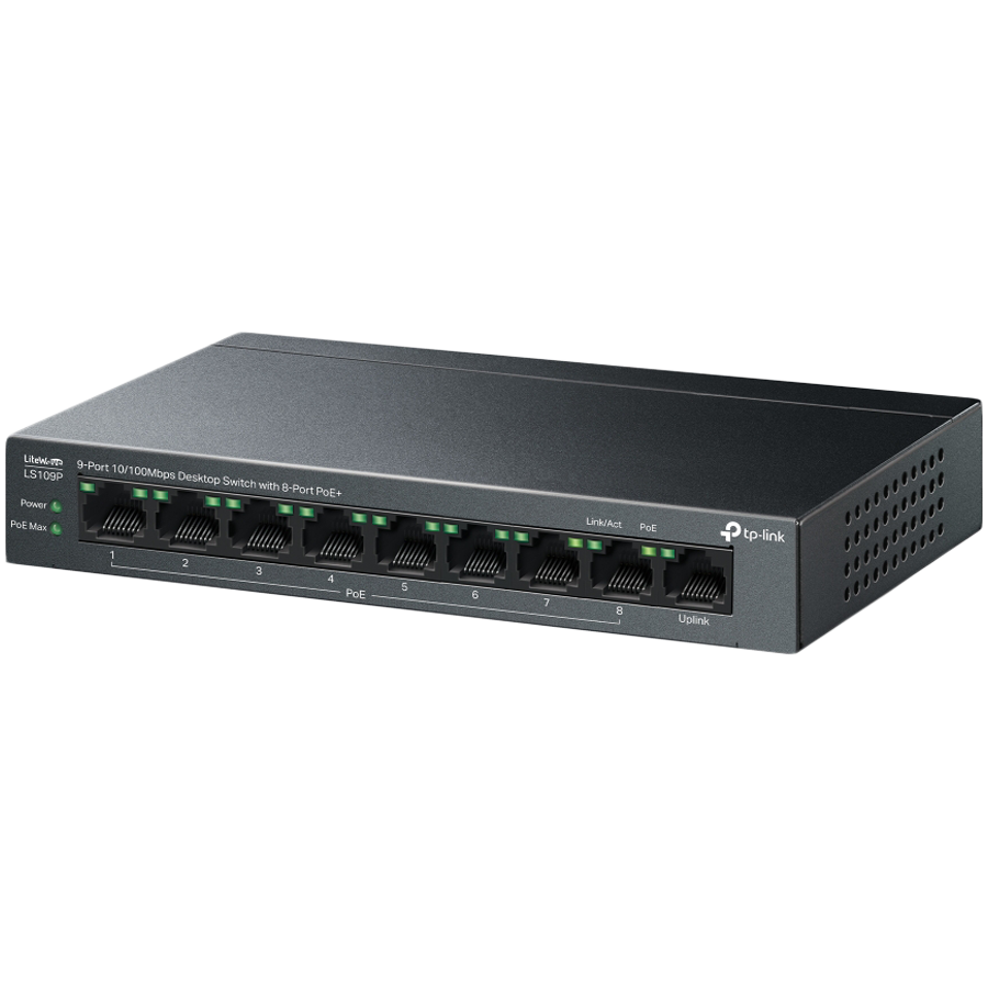 TP-Link LS109P 9-Port 10/100 Mbps Desktop Switch with 8-Port PoE+, 8× 10/100 Mbps PoE+ Ports, 1× 10/100 Mbps Non-PoE Port, 802.3at/af, 63 W PoE Power, Desktop Steel Case, Extend Mode for 250m PoE Transmitting, Isolation Mode, PoE Auto Recovery - Image 4