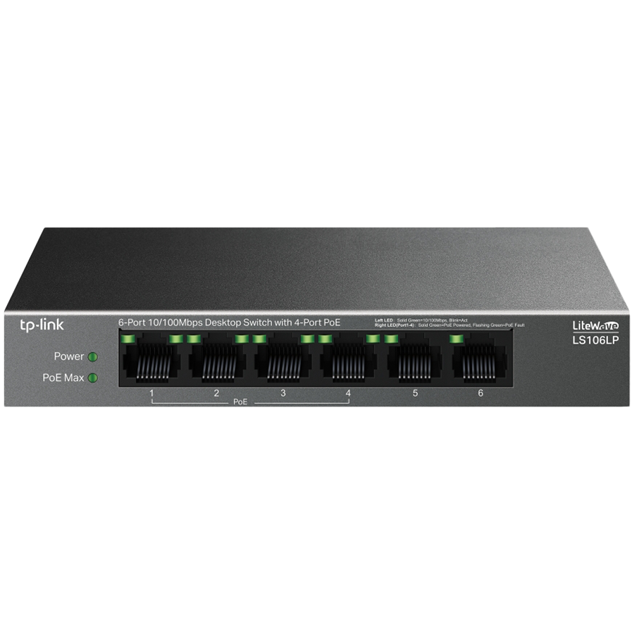 TP-Link LS106LP 6-Port 10/100 Mbps Desktop Switch with 4-Port PoE, 4× 10/100 Mbps PoE Ports, 2× 10/100 Mbps Non-PoE Ports, 802.3af, 41 W PoE Power, Desktop Steel Case, Extend Mode for 250m PoE Transmitting, PoE Auto Recovery, Plug and Play - Image 2