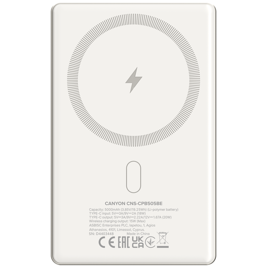 CANYON power bank OnPower 505 slim Magnetic 5000 mAh PD20W Beige - Image 4