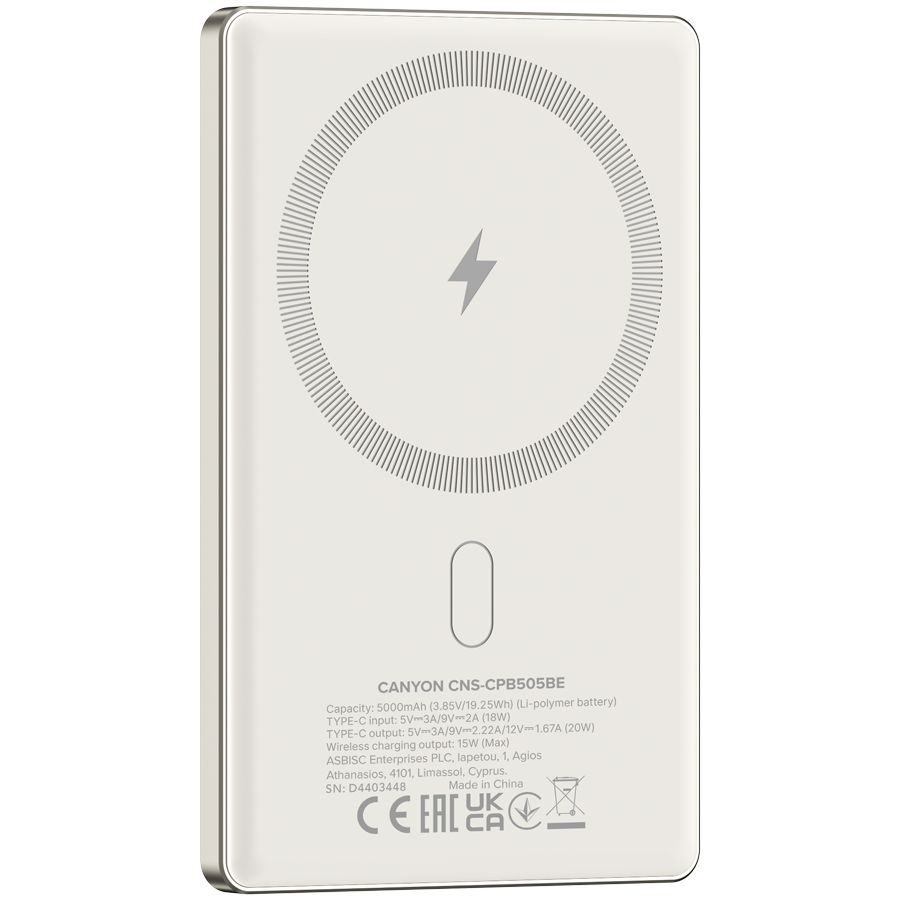 CANYON power bank OnPower 505 slim Magnetic 5000 mAh PD20W Beige - Image 5