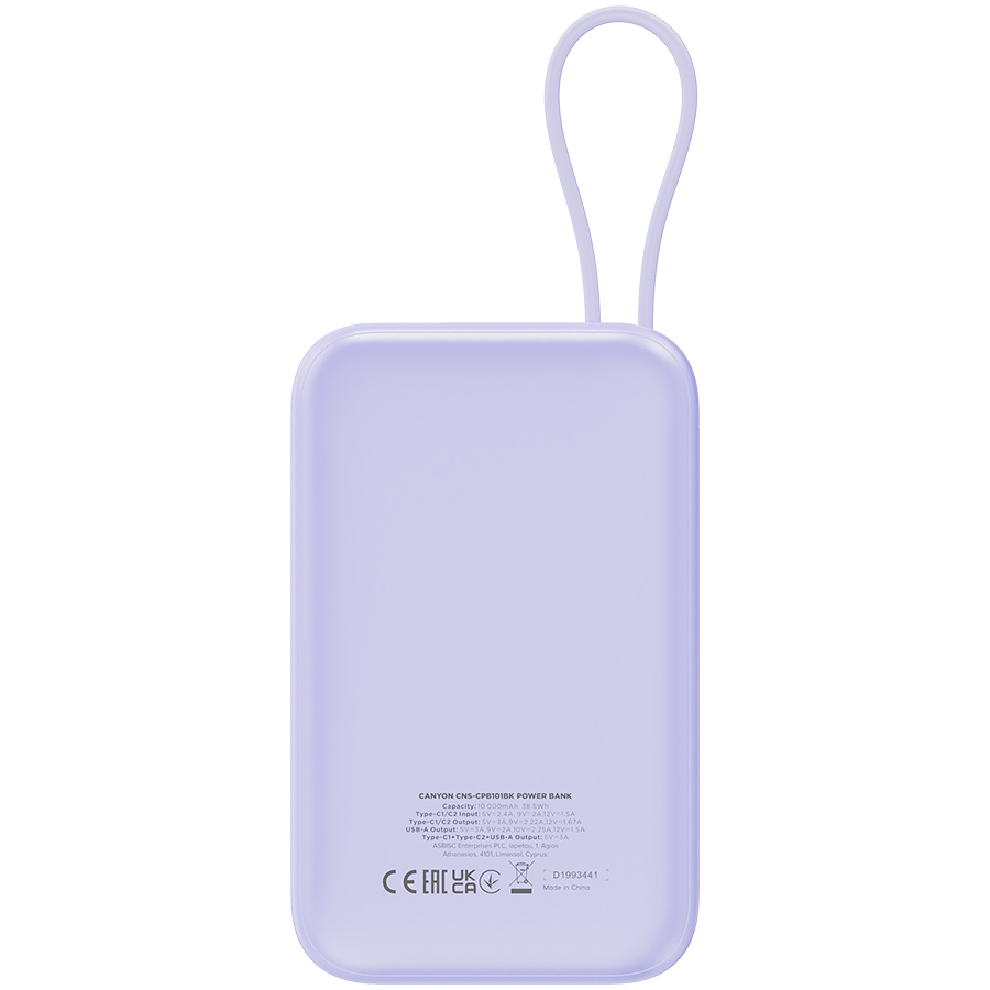 CANYON power bank OnPower 101 built-in cable 10000 mAh PD22.5W Purple - Image 5