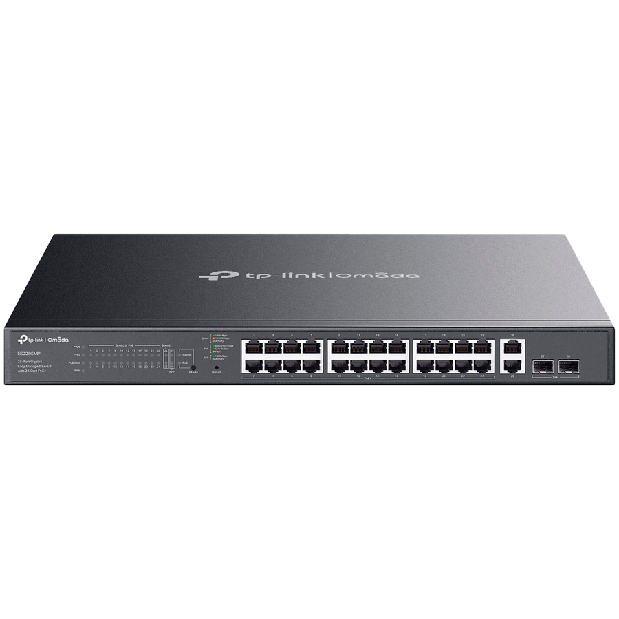 TP-Link ES228GMP Omada 28-Port Gigabit Easy Managed Switch with 24-Port PoE+, 24x Gigabit PoE+ Ports, 2x Gigabit Non-PoE Ports, 2x Gigabit SFP Ports, 384W PoE Power, 1U 19-inch Rack-mountable Steel Case, Omada App.Fast PoE,Perpetual PoE,Flow Control - Image 2